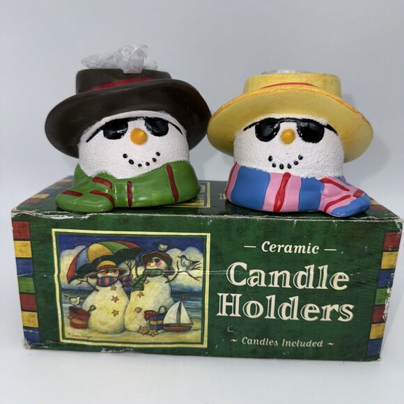 2 Piece Susan Winget Christmas Beach Ceramic Snowman Candle Holders CHRISTMAS - Picture 1 of 15